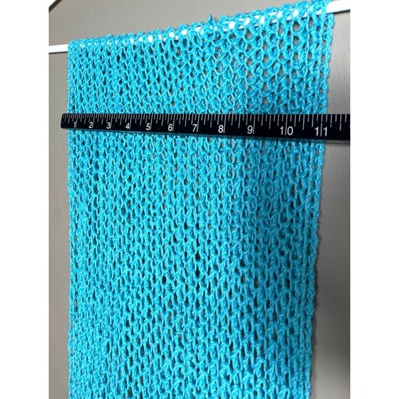 Hand Knitted Scarf Blue Turquoise Open Knit 73" Cotton Spring Bright Womens - Picture 4 of 6